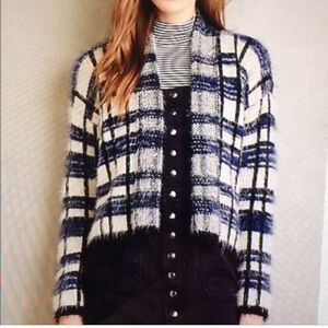 Anthropologie La Fee Verte Plush Furry Plaid Blue Black White Jacket Size M NWOT